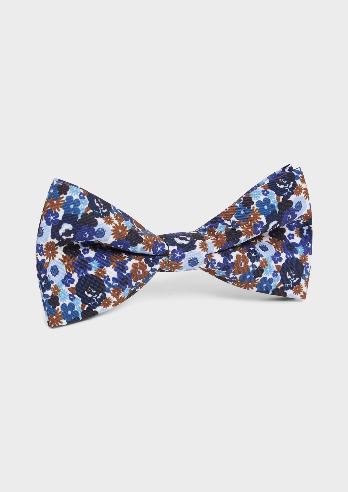 Noeud papillon blanc à motif fleuri bleu cobalt et marron