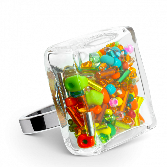 Bague en verre soufflé - Carré Giga Mix Perles