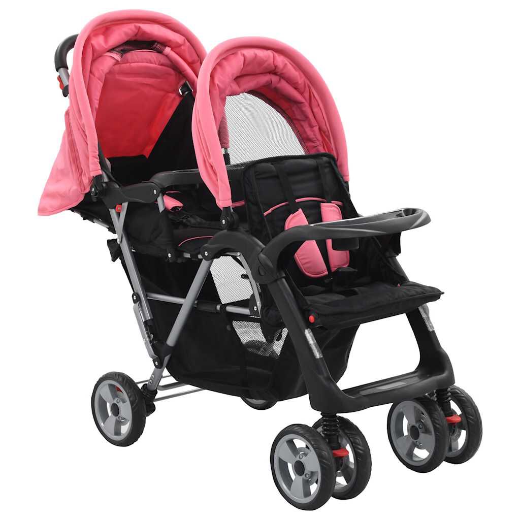 vidaXL Tandemkinderwagen voor tweelingen, roze en zwart, staal