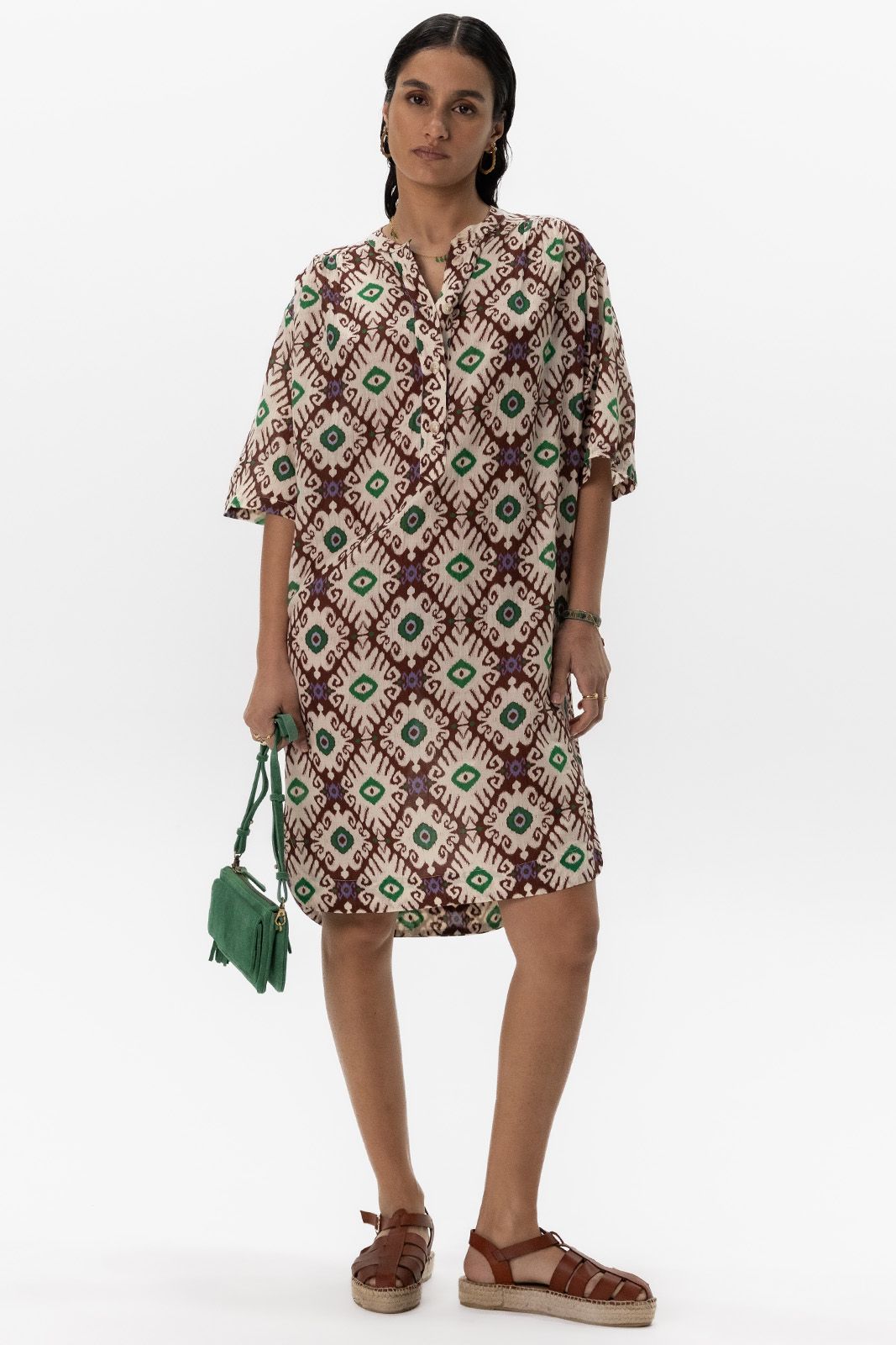 Donkerbruine midi jurk met ikat print