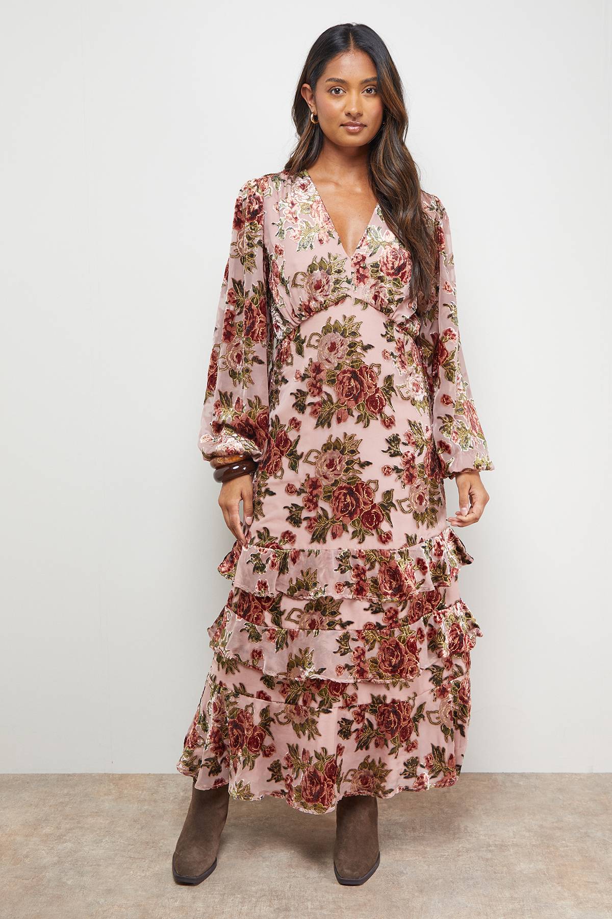 Oasis Robe Mi-Longue Tea Dress Dévorée à Manches Bouffantes Étagées