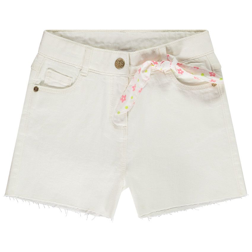 Bermuda en denim avec foulard fleuri pour fille - Ecru