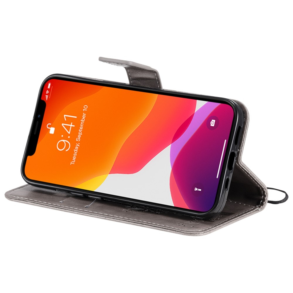 iPhone 14 Leder Tasche Flip Cover Baum Imprint - Grau