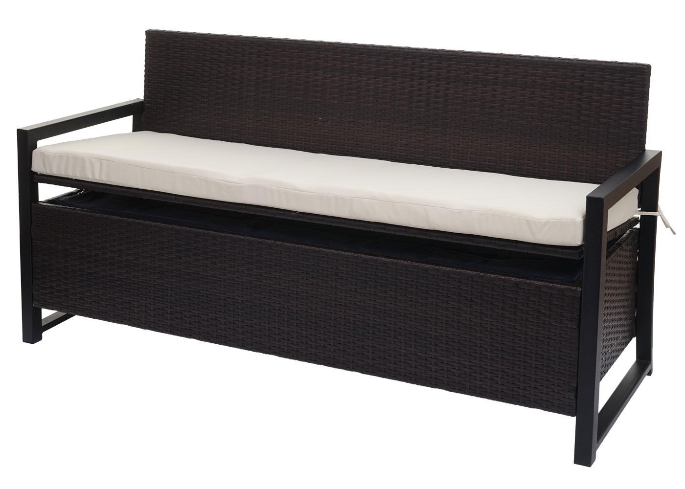 Poly-Rattan 3er Sitzbank MCW-F39, Gartenbank Truhenbank, Staufach Aufbewahrung Sitzkissen ~ braun, Kissen creme