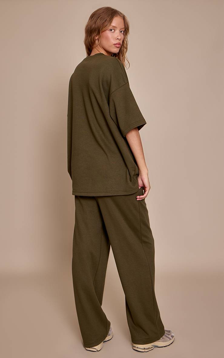 Vert Olive Pantalon Large Taille Mi-haute En Jersey