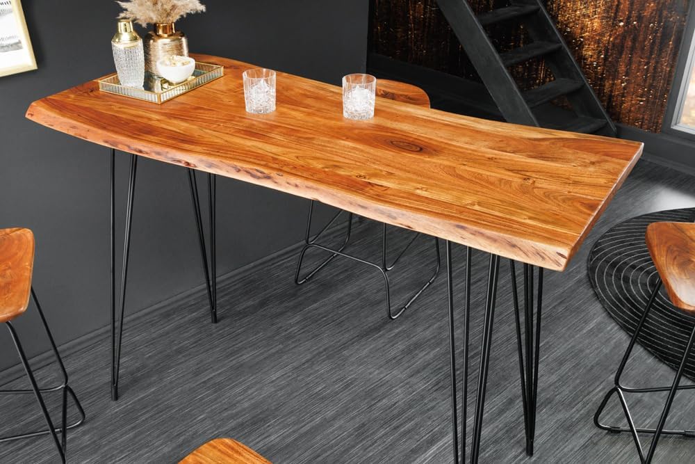 Riess Ambiente Massivholz Bartisch Mammut 140cm Natur Akazie Baumkante Metall schwarz Hairpin Legs Küchentisch Küchentresen rechteckiger Stehtisch