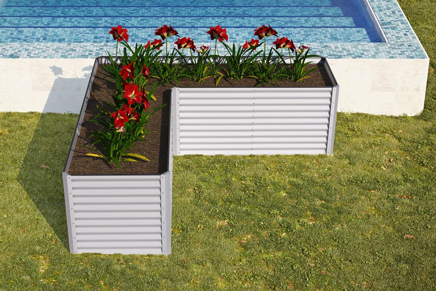 OUTFLEXX Eck-Hochbeet in Silber, Zincalume, 270x270x90x84cm, Gemüsebeet Blumenbeet aus Metall für Garten & Balkon