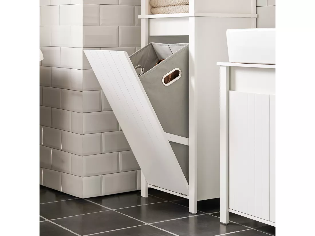 SoBuy BZR102-W Meuble Colonne de Salle de Bain, Armoire Haute, Colonne de Rangement, Meuble Salle de Bain, 3 Étagères, 1 Panier à Linge Amovible