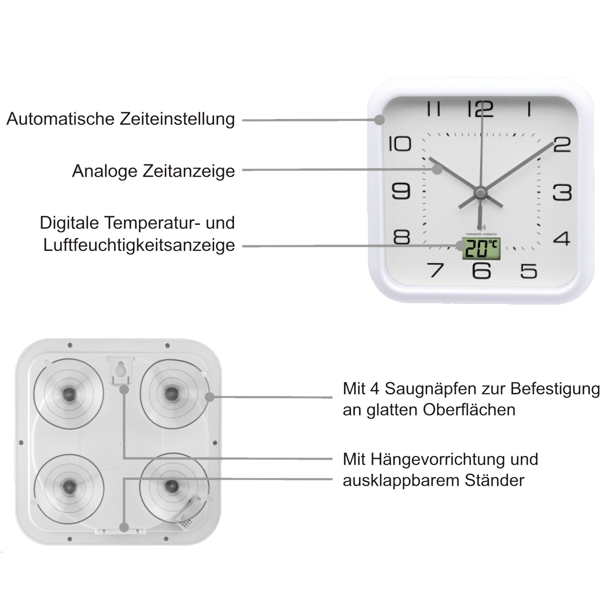 MiravalFunk-Badezimmeruhr mit Saugnäpfen Hygrometer Temperatur