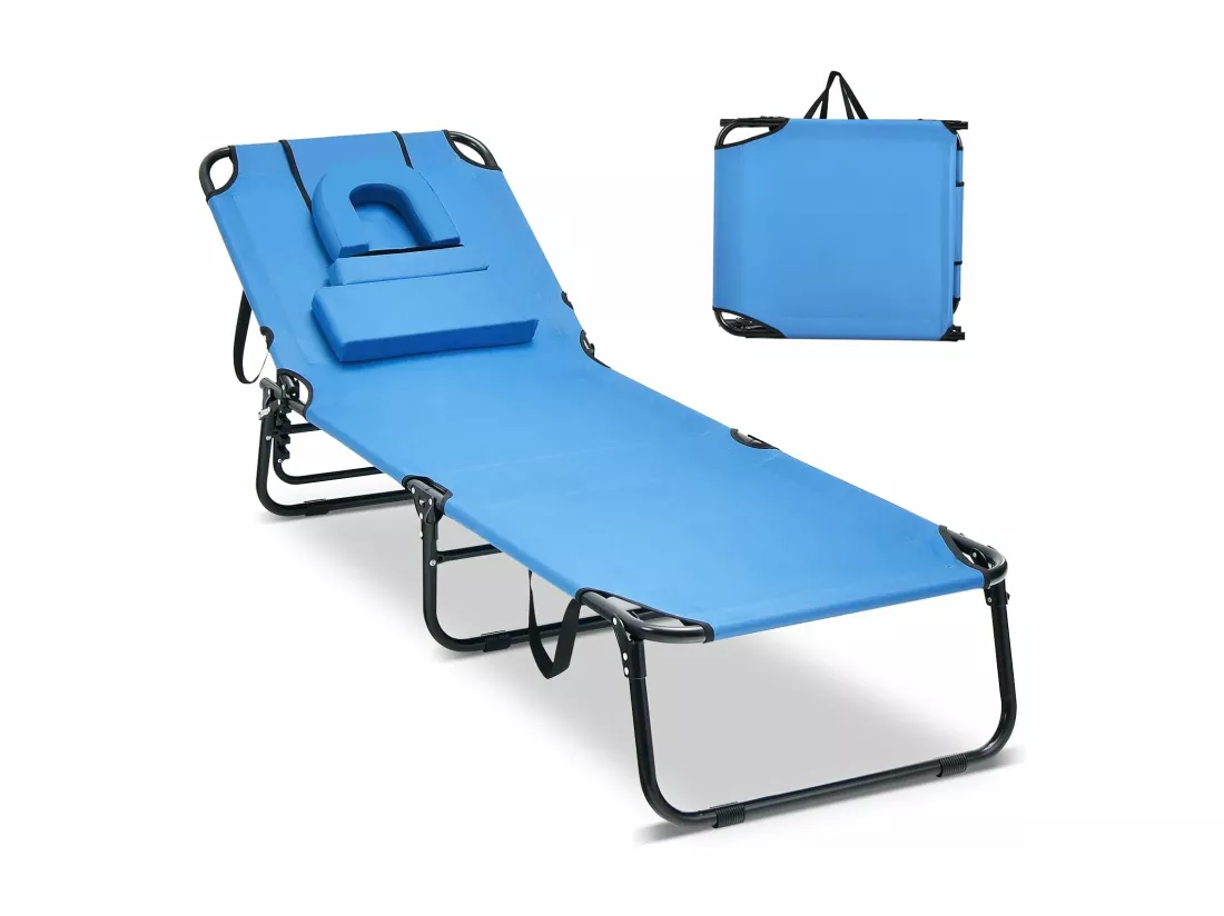 Chaise Longue Pliante Réglable à 5 Positions avec Trou pour Visage, Bain de Soleil en Tissu et velours Oxford 3 Coussins Amovibles Charge 160KG, pour Piscine Plage Cour CamBoisg (Bleu)