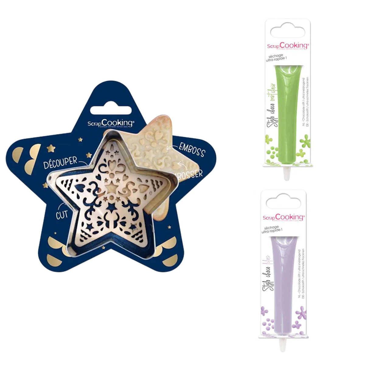 Kit pour biscuit en relief Étoile + 2 Stylos au chocolat vert clair et