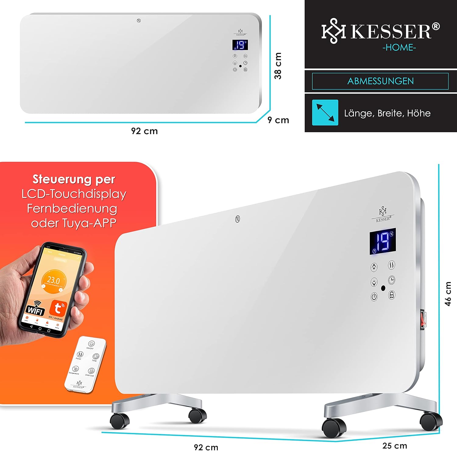 KESSER® Elektro Glasheizung Glaskonvektor Elektroheizung Heizung Heizkörper ✓ Touchscreen ✓ APP WiFi Funktion Inkl. Fernbedienung ✓ LCD-Display ✓ Timer | Stand- oder Wandgerät | 2000 Watt | Weiß