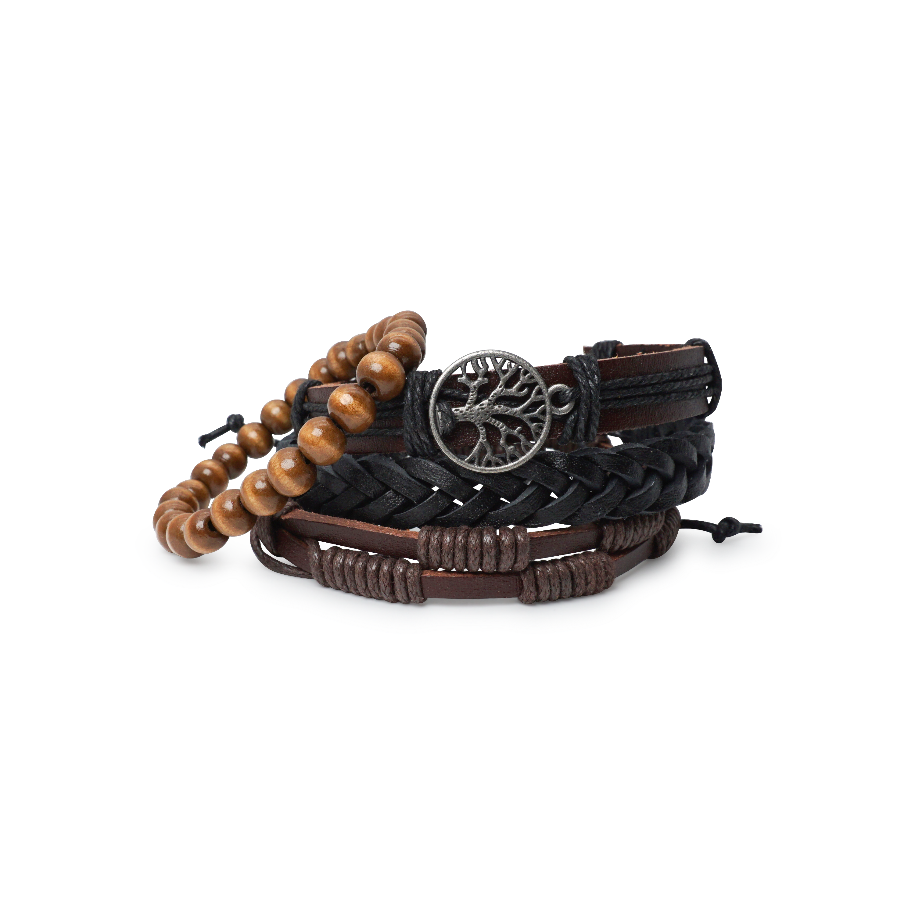 (4-tlg. Set) Mehrreihiges Leder Herren Armband Set Tree of Life - Schwarz / Braun