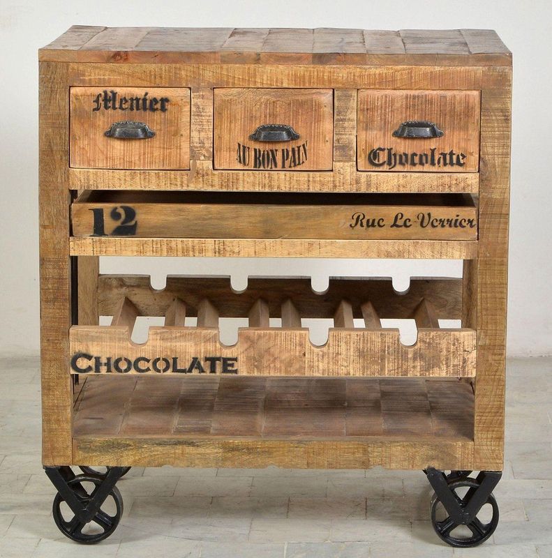 SIT Möbel - Wijnrek - Massief Hout - Mango Natuurlijk - Antiek Zwart Beslag - 4 Flessen
