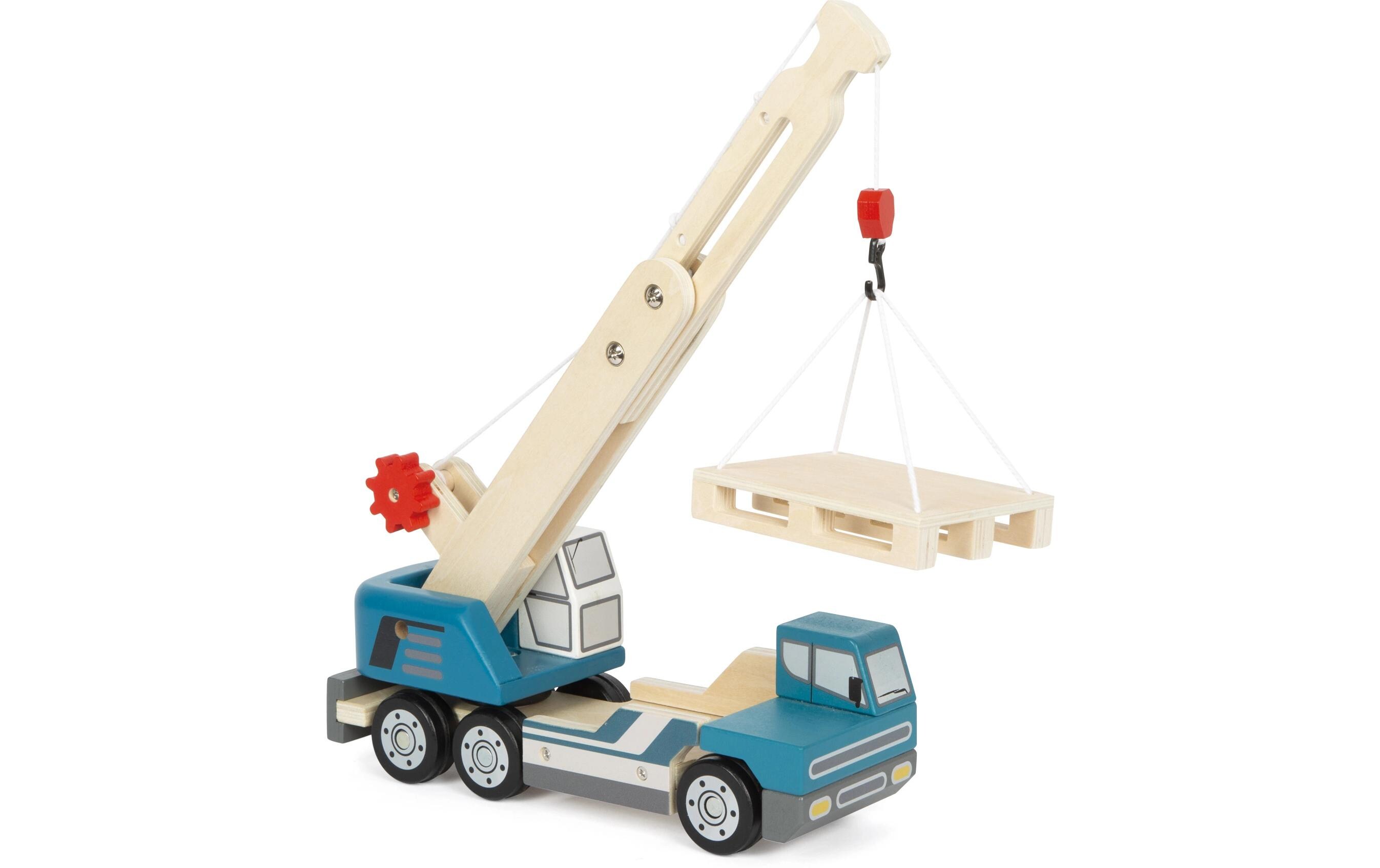 Kranwagen mit PaletteSpielzeug-Kranwagen aus Holz mit beweglicher Palette