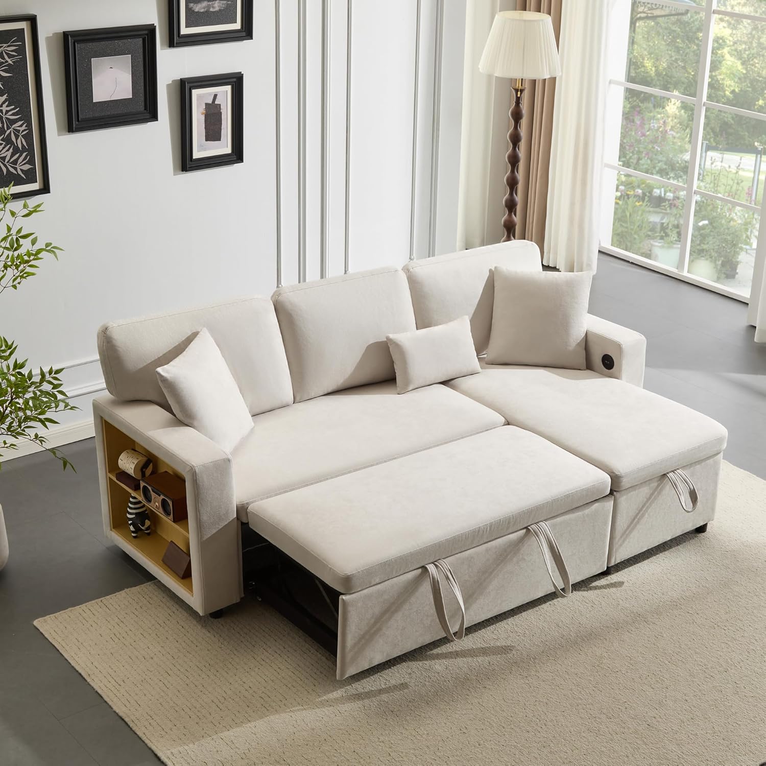 Ecksofa mit Schlaffunktion und USB, Schlafsofa mit Bettkasten und Stauraum, Schlafcouch Eckcouch mit Integriertem Regal und Seitentaschen, Couch L Form, Wohnzimmer Möbel, Beige, Samt