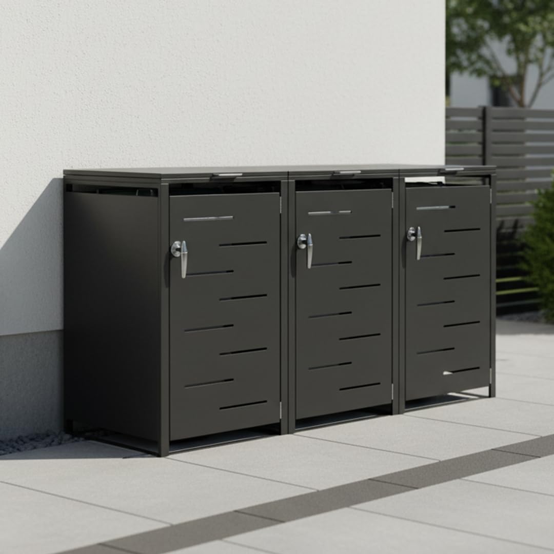 STEELSØN Diorus Mülltonnenbox 3er bis 120L abschließbar – Hochwertige Mülltonnenverkleidung für 3 Tonnen – Müllbox Stahl – Müllcontainer Schwarz - Mülltonnen Box wetterfest – Gerätebox mit Schloss