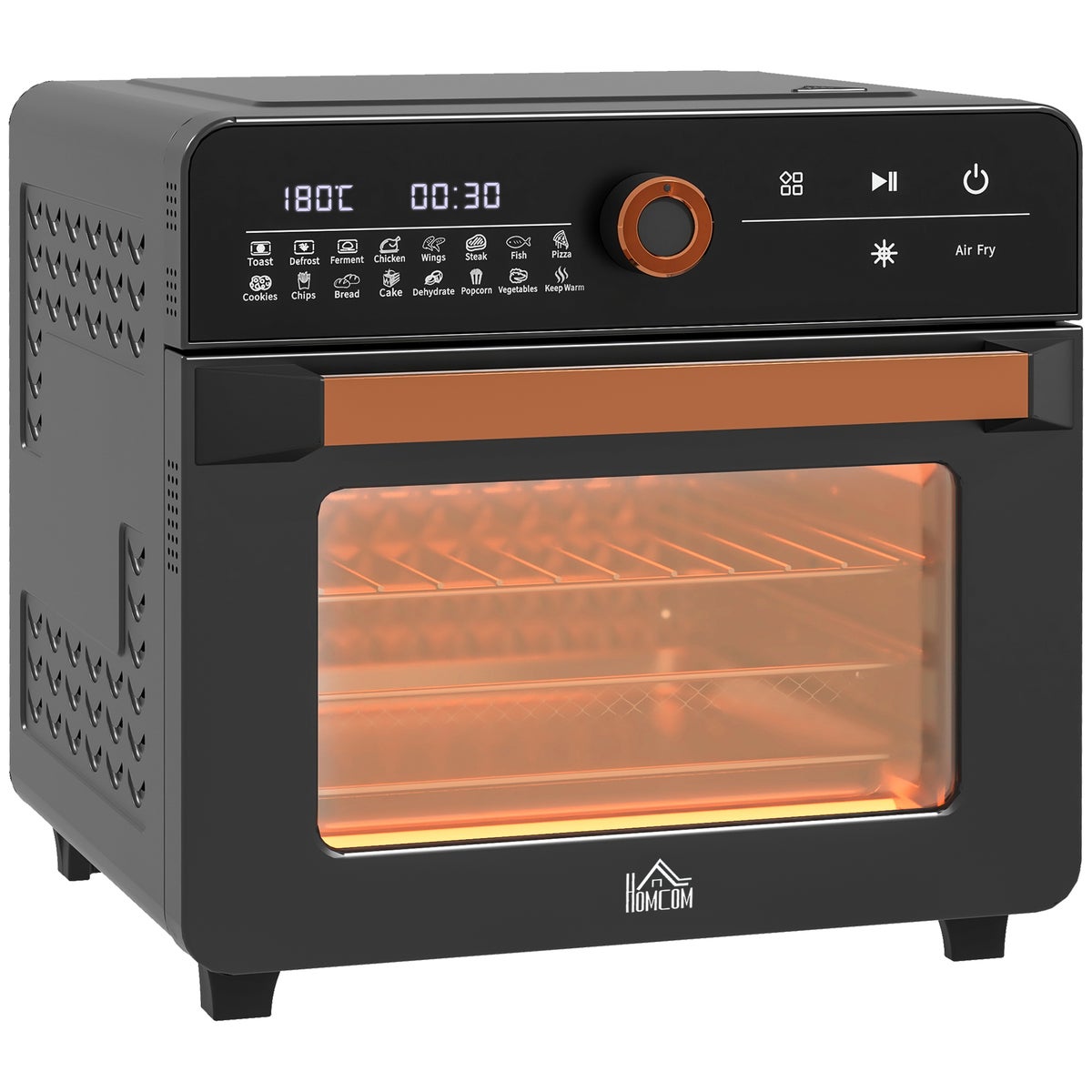 HOMCOM Mini-oven met hetelucht, 20L, 3-in-1 met grillrooster, 40°C-220°C, met frituurmand, timer, binnenverlichting, 1400W, 36L x 37B x 34,5H cm, roestvrij staal, zwart