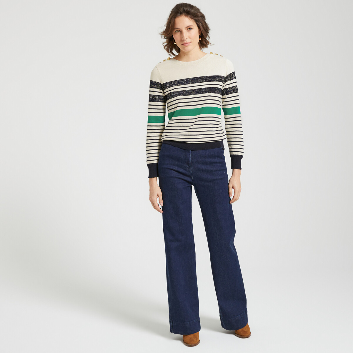 ANNE WEYBURN<br>Suéter listrado de gola redonda, tricô fino