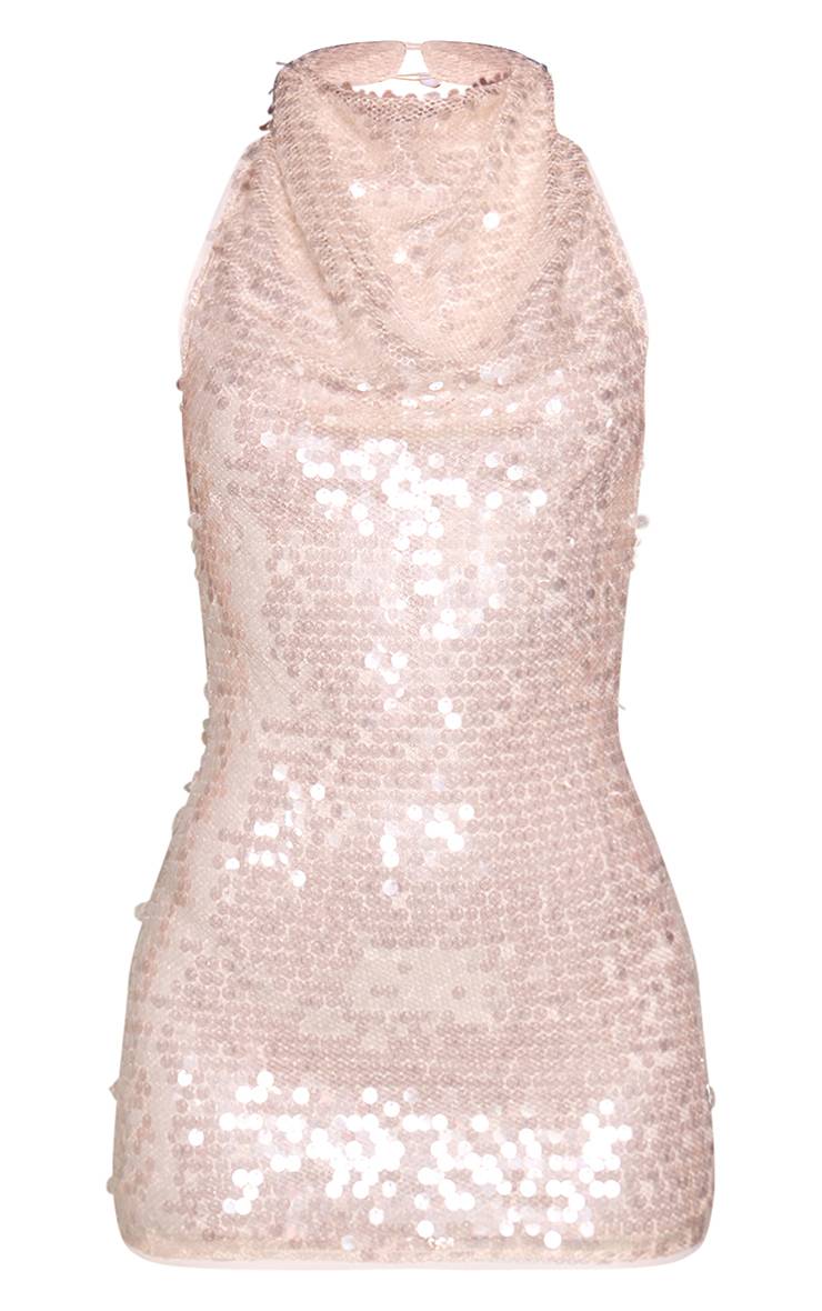 Crème Robe Mini À Col Licou Ornée De Sequins