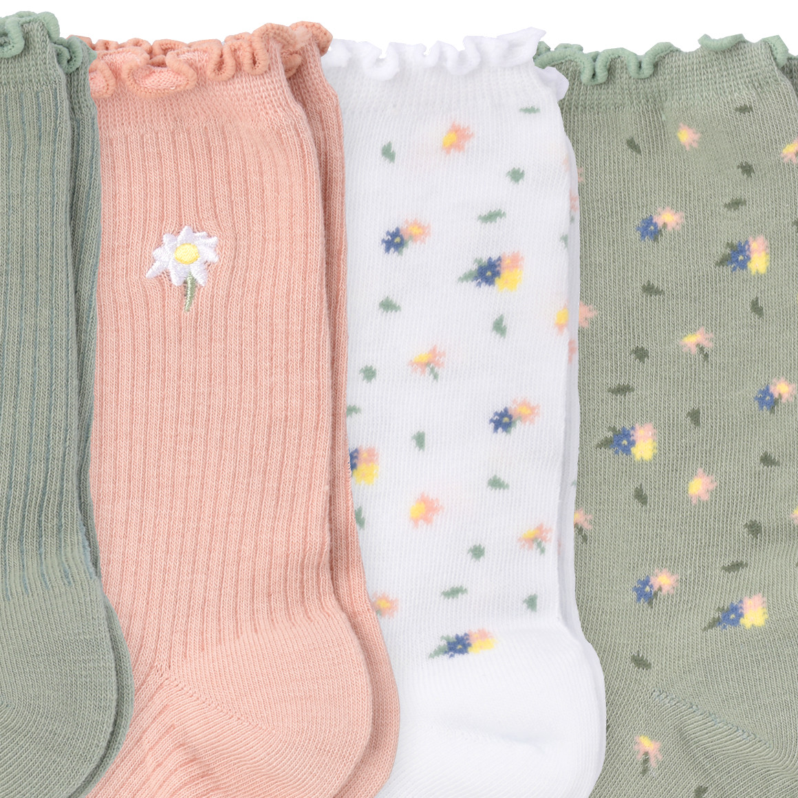 Gina Benotti 4 Paar Damen Socken mit Blumen-Stickerei oliv / weiss / altrosa