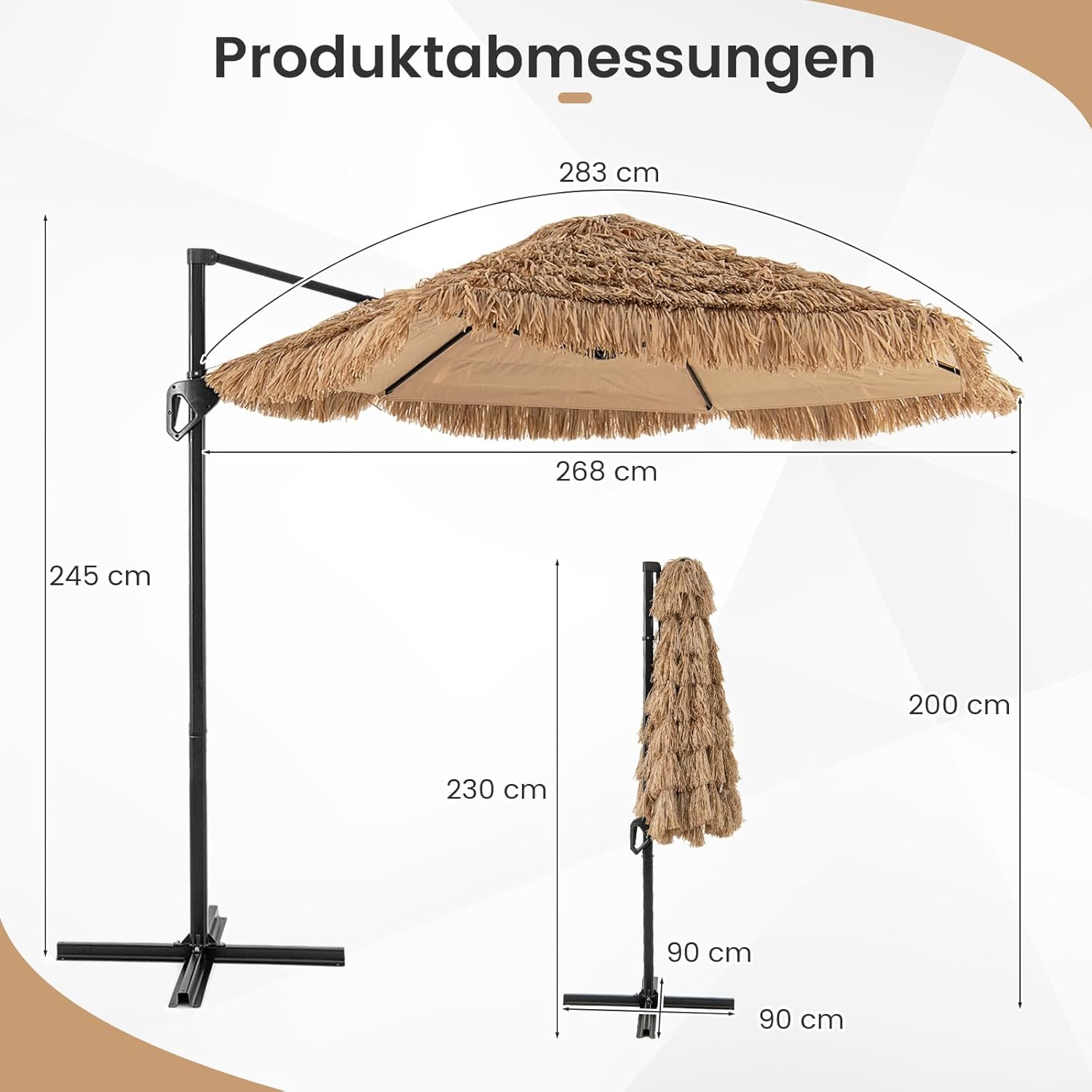 COSTWAY Sonnenschirm Hawaii 270 cm, Ampelschirm mit Kurbel, Strohschirm aus PP-Stroh, Gartenschirm, Terrassenschirm für Garten, Terrasse