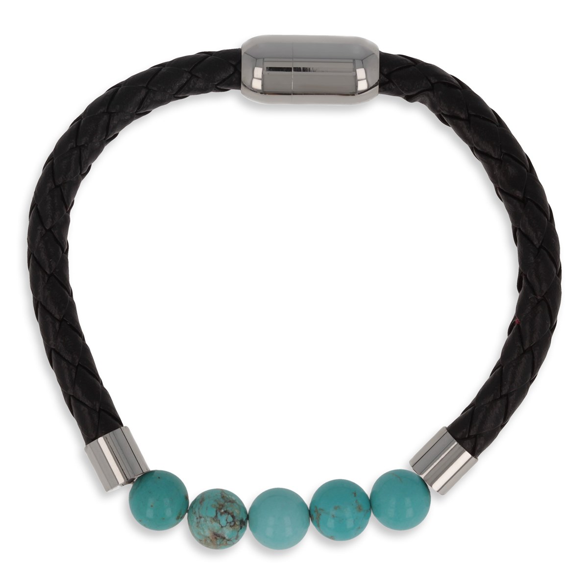 Bracelet Acier 316L cuir imitation 66M et 5 boules pierre de Turquoise