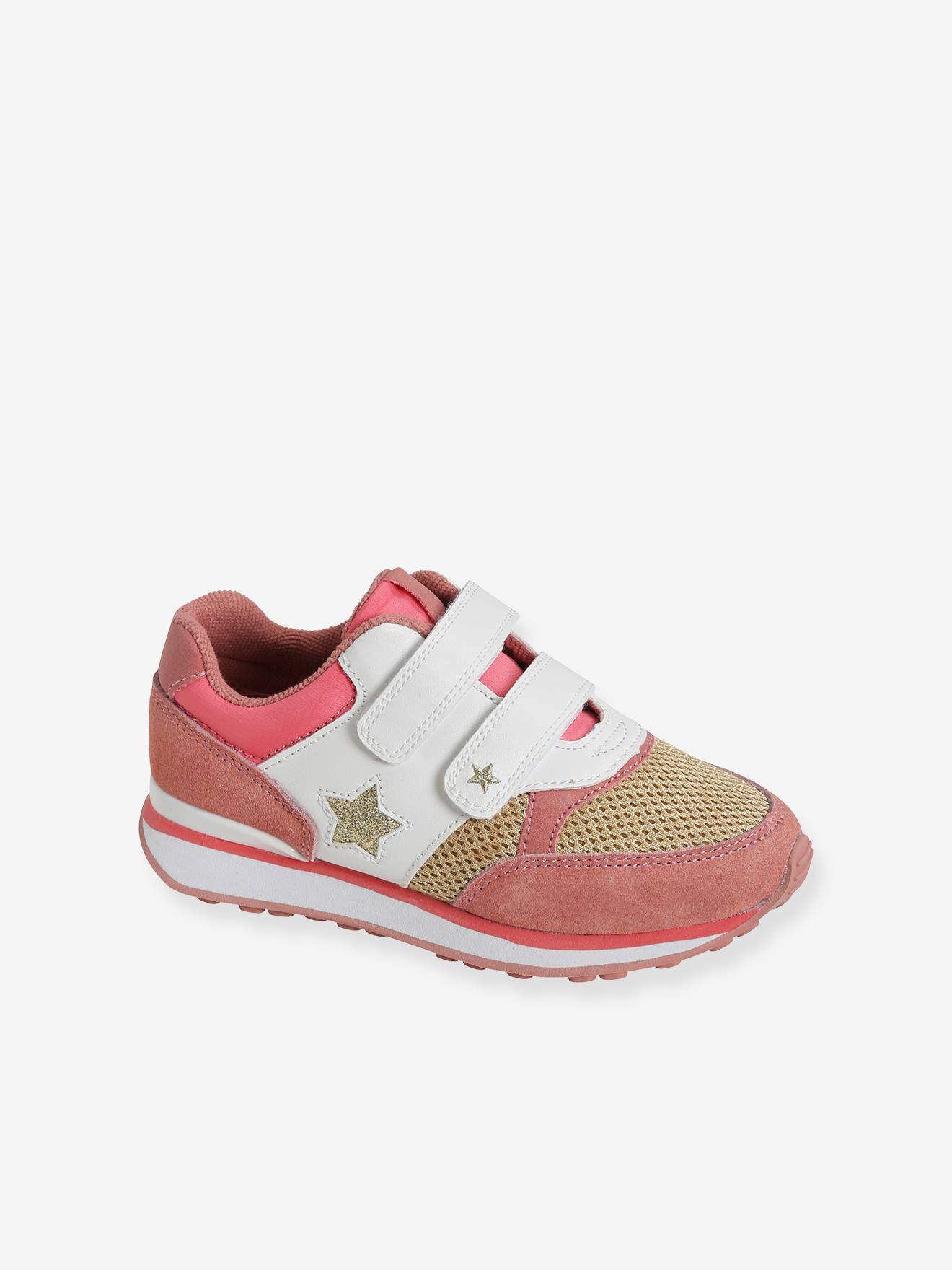 Tênis estilo corrida com fecho de velcro, para meninas, rosa médio, liso com estampas.