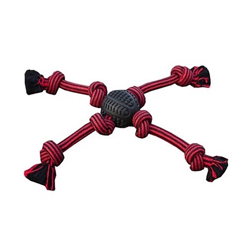 Brinquedo de puxar em forma de cachorro vermelho com bola e corda.