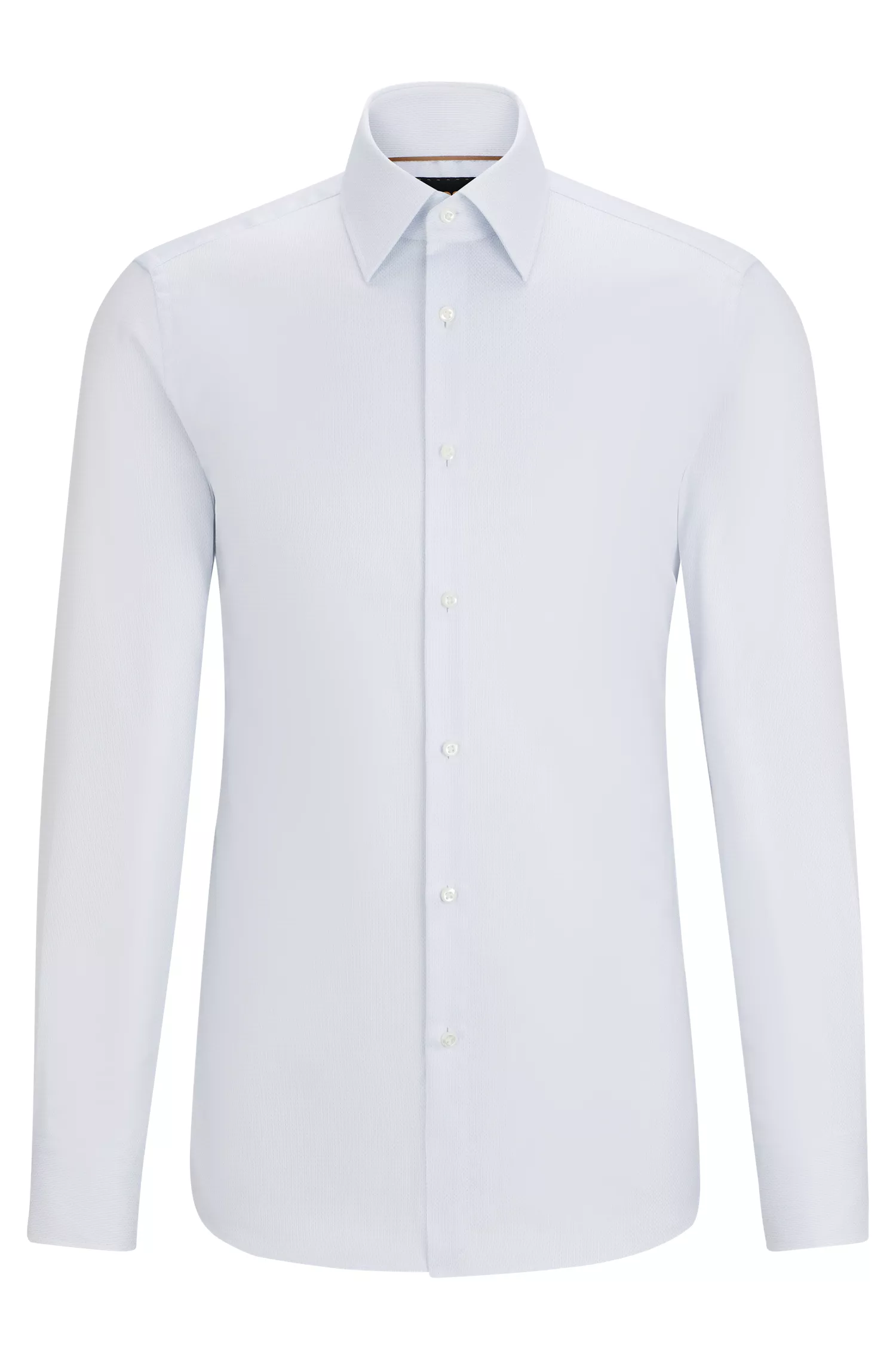 Camisa BOSS cor camelo, corte slim, em algodão dobby com punhos angulares.
