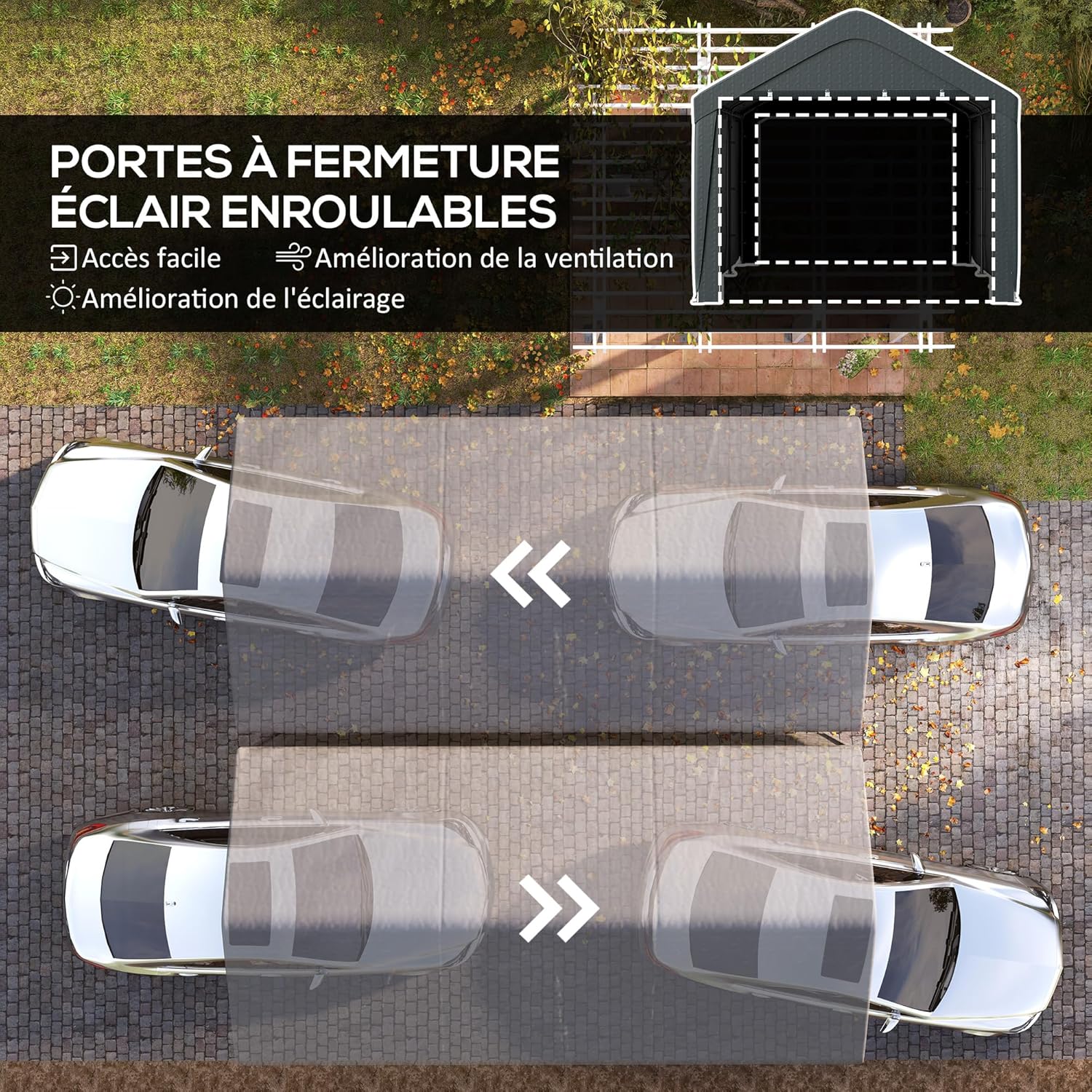 Outsunny Carport Garagenzelt 3 x 6 m, Outdoor-Carport, Lagerzelt mit abnehmbaren Seitenwänden und 2 aufrollbaren Reißverschlusstüren, für Auto, LKW, Boot, dunkelgrau