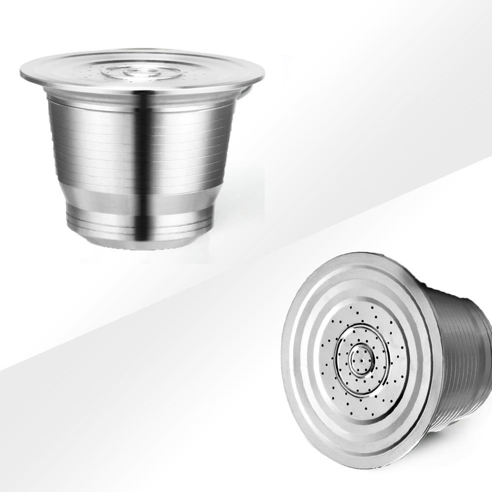 (3-tlg. Set) Wiederverwendbare Edelstahl Kaffeekapsel Umweltfreundliche Nespresso Kapsel inkl. Pulver Presser / Messlöffel