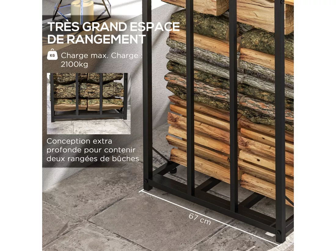 Abri-bûches pour bois de chauffage stockage extérieur du bois en métal et polycarbonate 185 x 67 x 185 cm noir