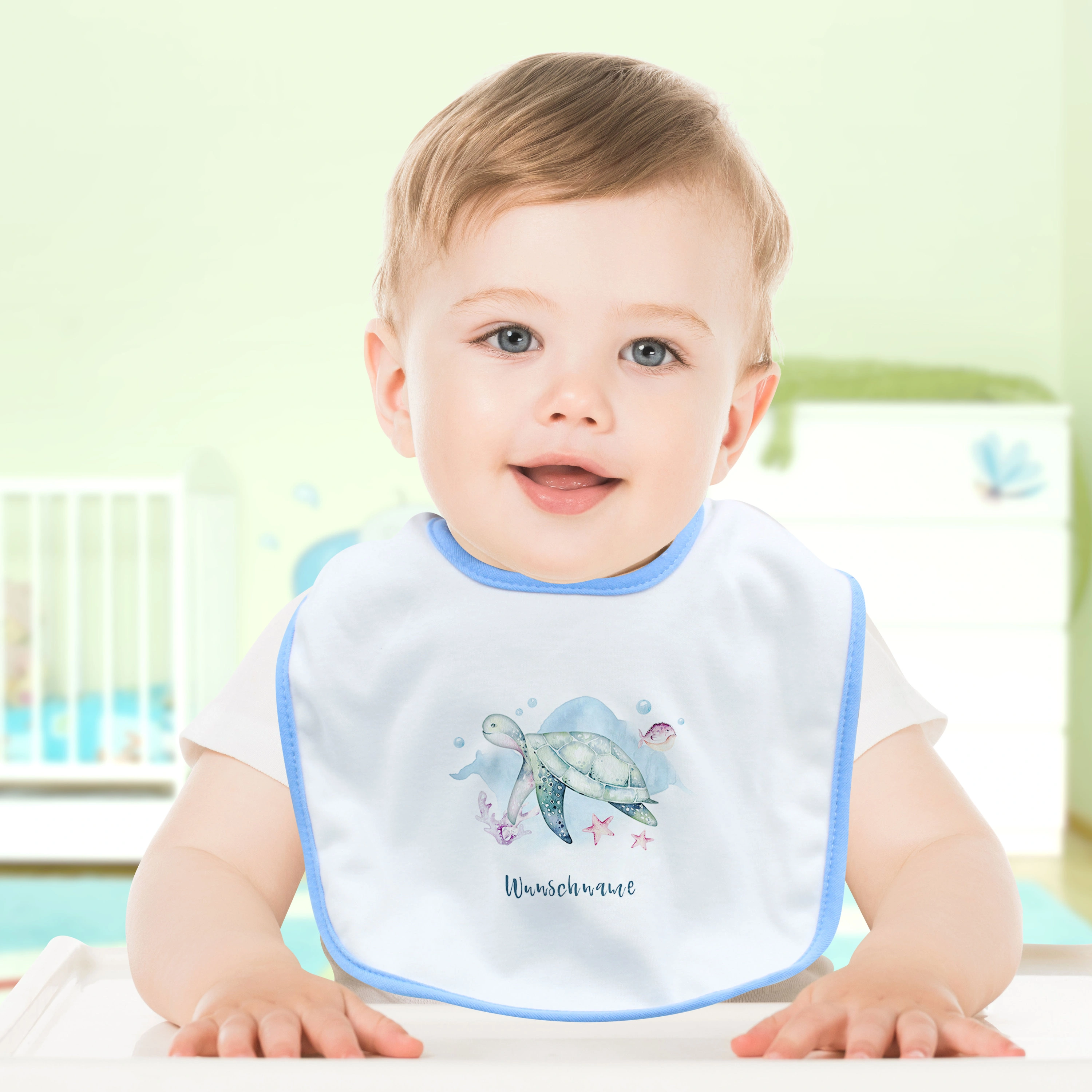 Baby-Lätzchen mit Namen, blau (Motiv: Schildkröte)