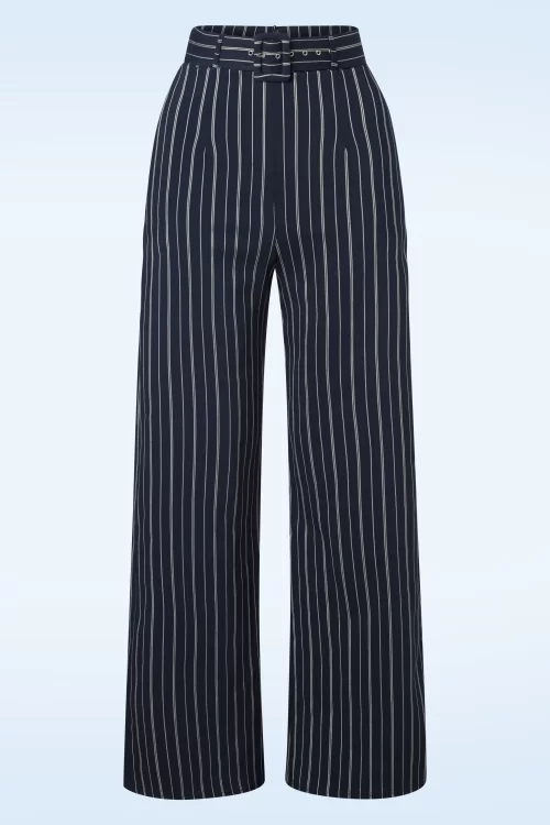 Vintage Chic for Topvintage Sasha krijtstreep pantalon in navyblauw en wit
