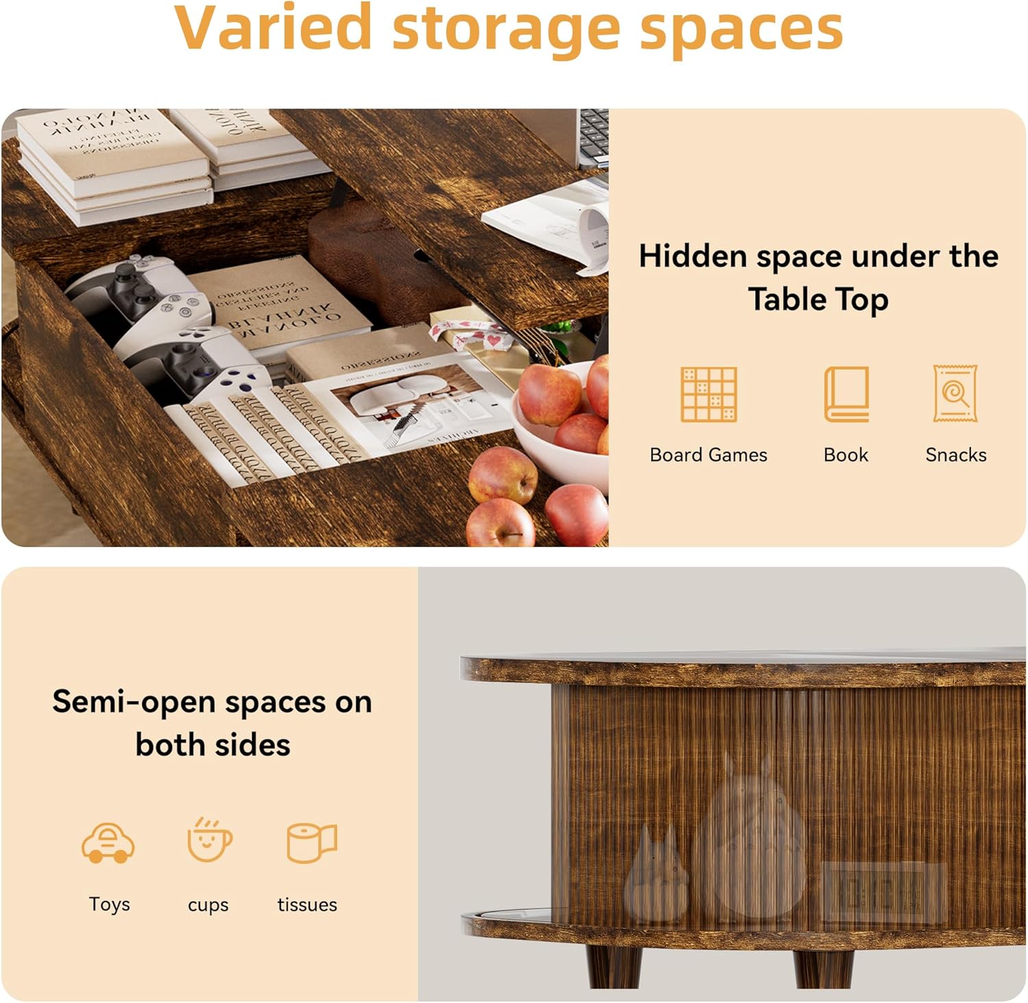 Couchtisch mit Hebeplatte – Moderner Holztisch mit Einzigartiger Textur & Verstecktem Stauraum, Kaffeetisch für Wohnzimmer, Schlafzimmer, Kleine Räume, Home Office