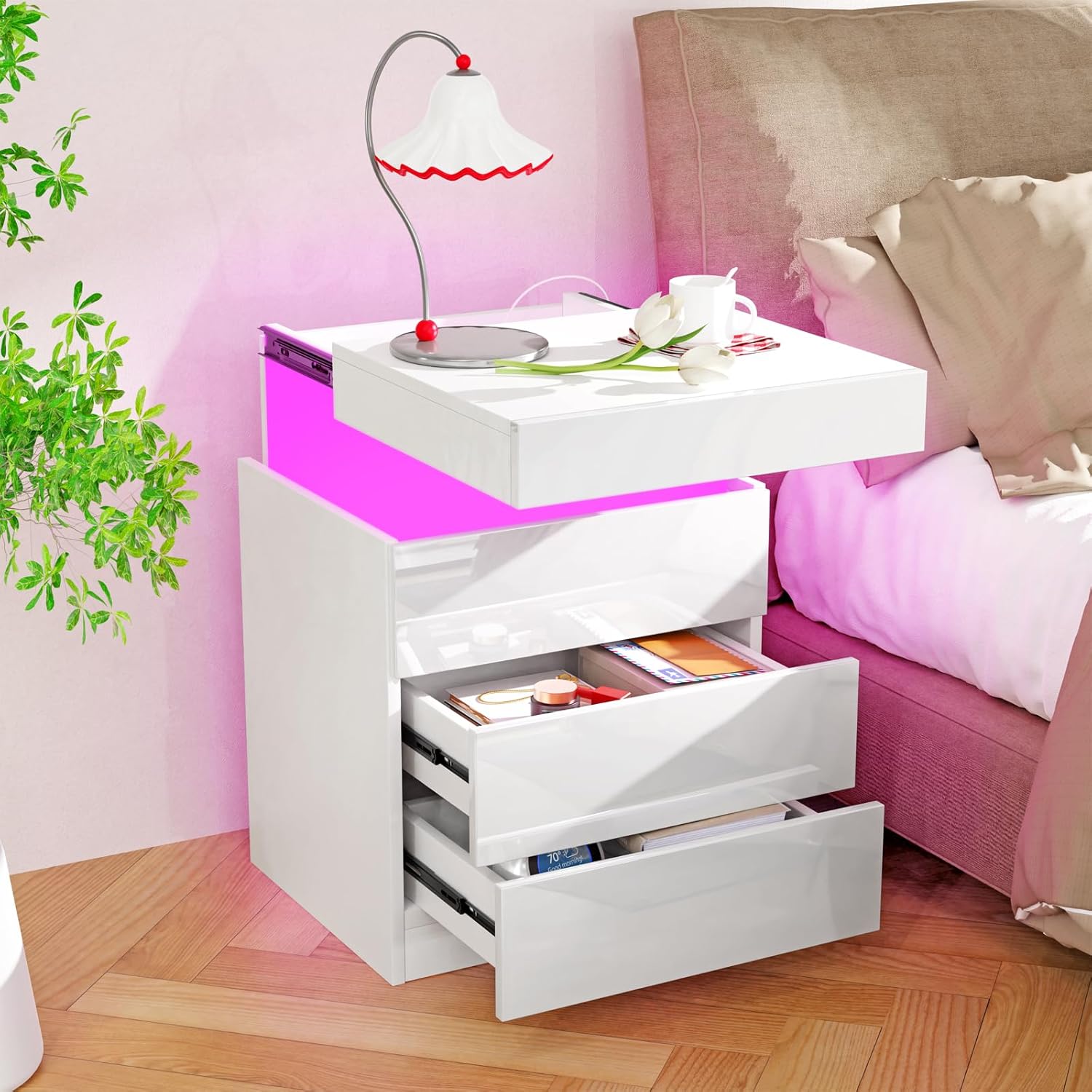 Nachttisch weiß led, 3 Schubladen, Nachttisch mit USB, AC Steckdosen, 2 USB-Anschlüsse, Hochglanz, Verstecktem Schublade, Beistelltisch Nachtschrank für Schlafzimmer Wohnzimmer