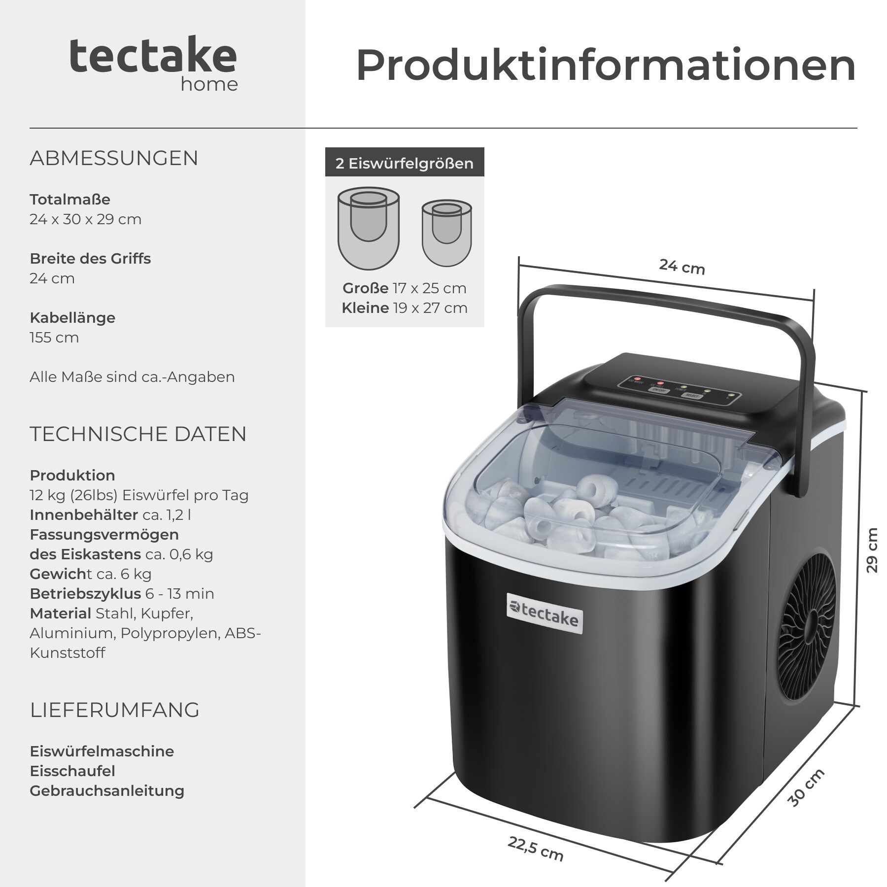 tectake® Eiswürfelmaschine, 1,2 l Wassertank, 2 Eiswürfelgrößen, 2 Assistenzsysteme, mit Reinigungsprogramm, inklusive Eiskorb und Eisschaufel