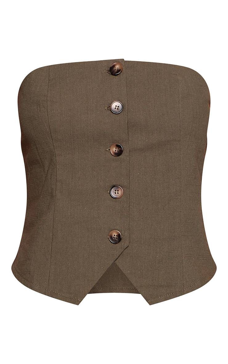 Dark Khaki Haut Bandeau Boutonné Aspect Lin Co-ord Petite