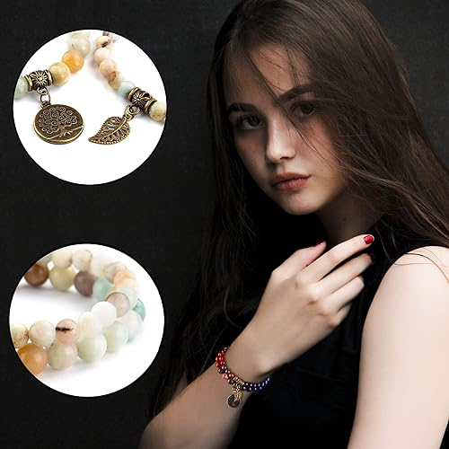 (2er Set) 225-240mm Naturstein Armband Edelstein Armkettchen mit Anhänger - Amazonit
