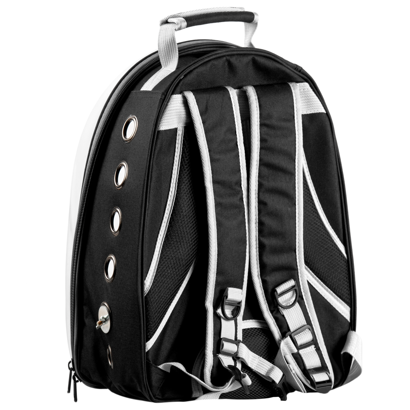 Mochila transportadora para animais de estimação, como gatos, cães ou pássaros. Feita em plástico rígido e tecido.