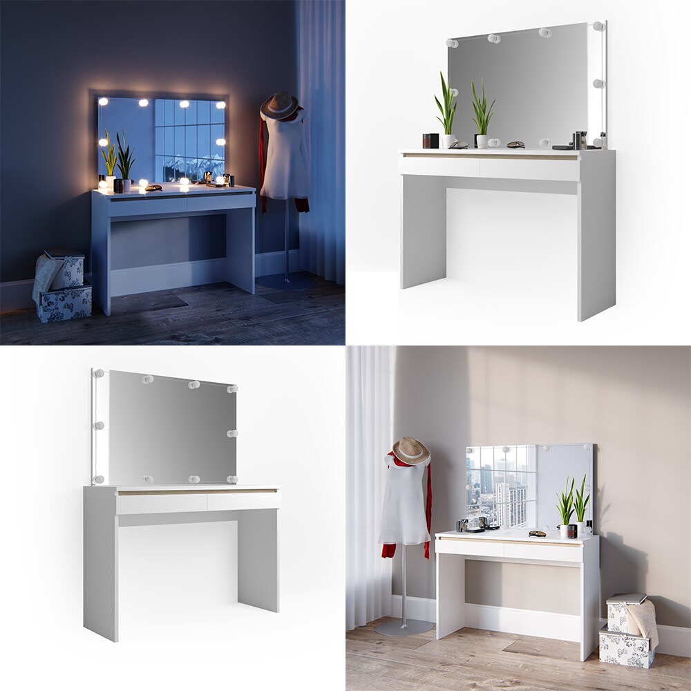 Vicco Schminktisch Emma Frisiertisch Frisierkommode Kommode Weiß Sonoma inklusive Spiegel und LED-Lichterkette