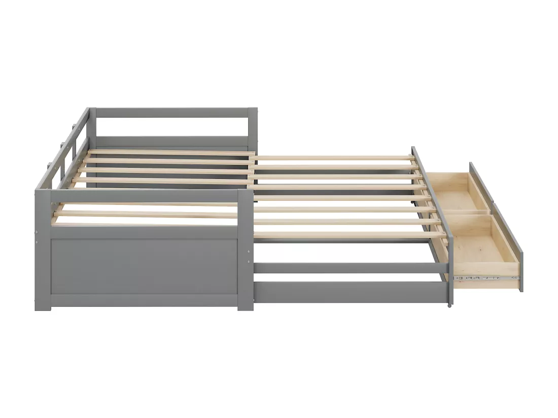 Lit gigogne 90 x 200 cm avec 2 tiroirs - Bois de pin - sommier à lattes - gris