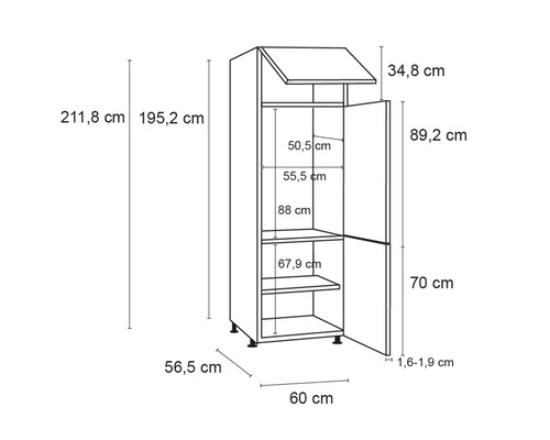 Optifit koelkast ombouwkast voor 88cm inbouwkoelkast Bengt932 BxDxH 60x58,4x211,8 cm wit mat gedemonteerd scharnier omkeerbaar (links of rechts te monteren)