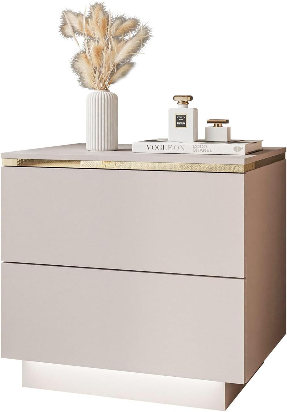 Lookway Nachttisch Aurora II Kaschmir Matt mit LED Beleuchtung Hängend oder auf Goldenen Beinen Gold Dekorative Leiste Modernes Schlafzimmermöbel (mit Sockel)