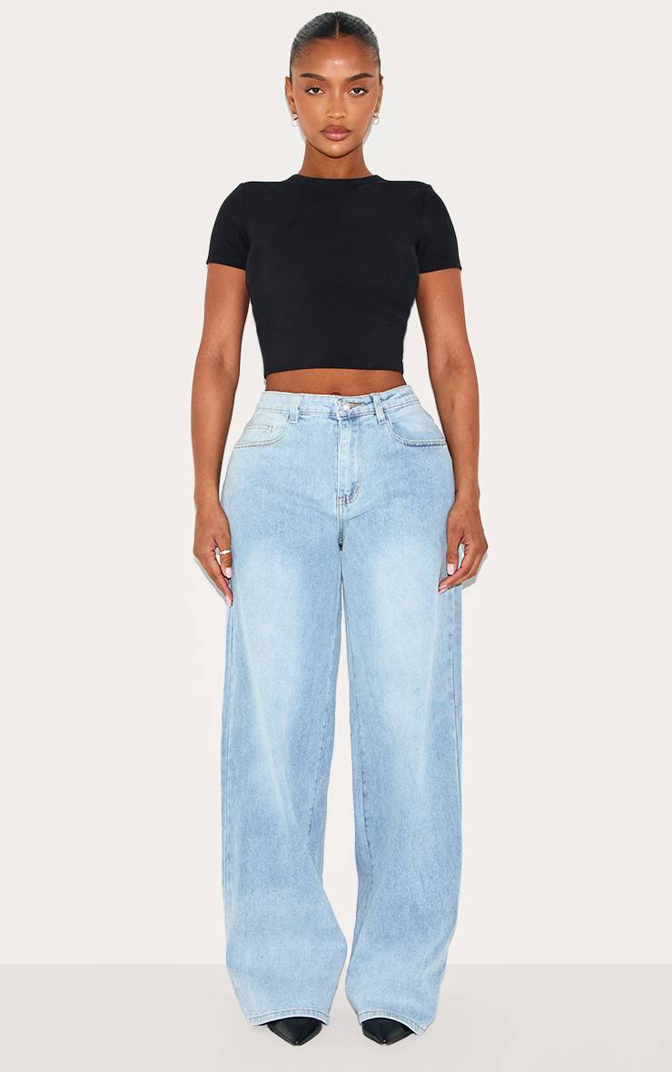 Light Blue Wash Jean Droit Taille Haute Stretch Sablier Sculptant