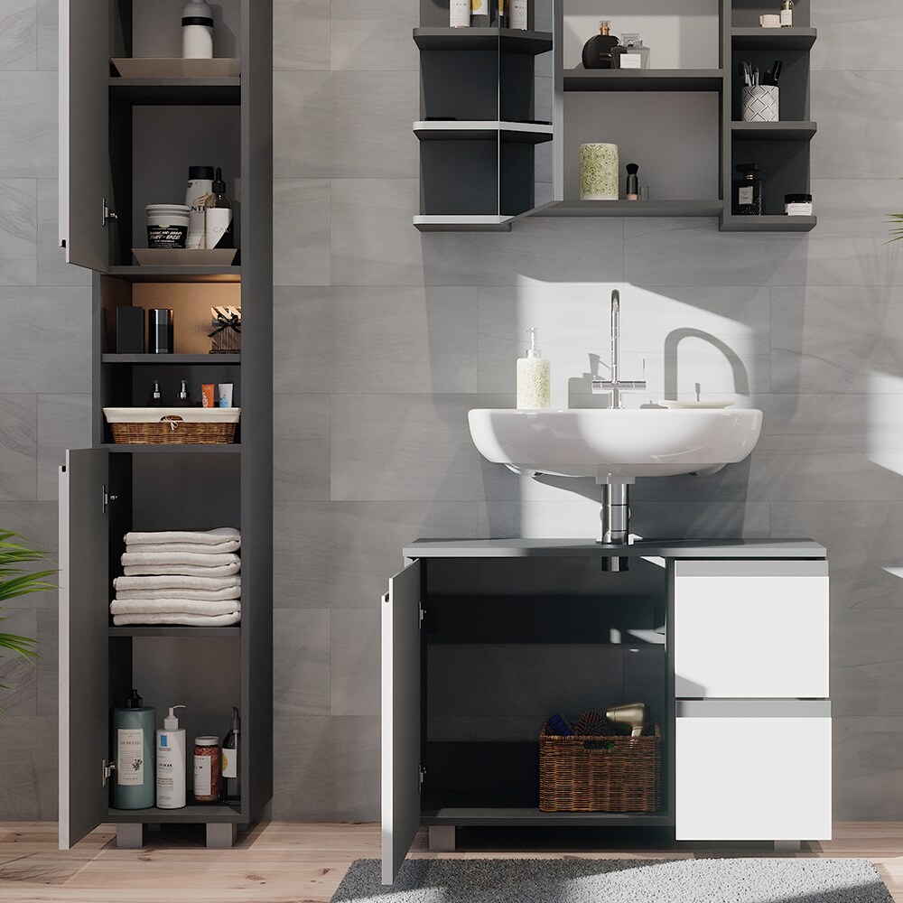 Vicco Badmöbelset J-shape Anthrazit Weiß modern Badezimmer Schrank Badschrank Waschtischunterschrank Spiegelschrank Hochschrank Schranktür Schrankschublade Schrankfach Ablage Aufbewahrung