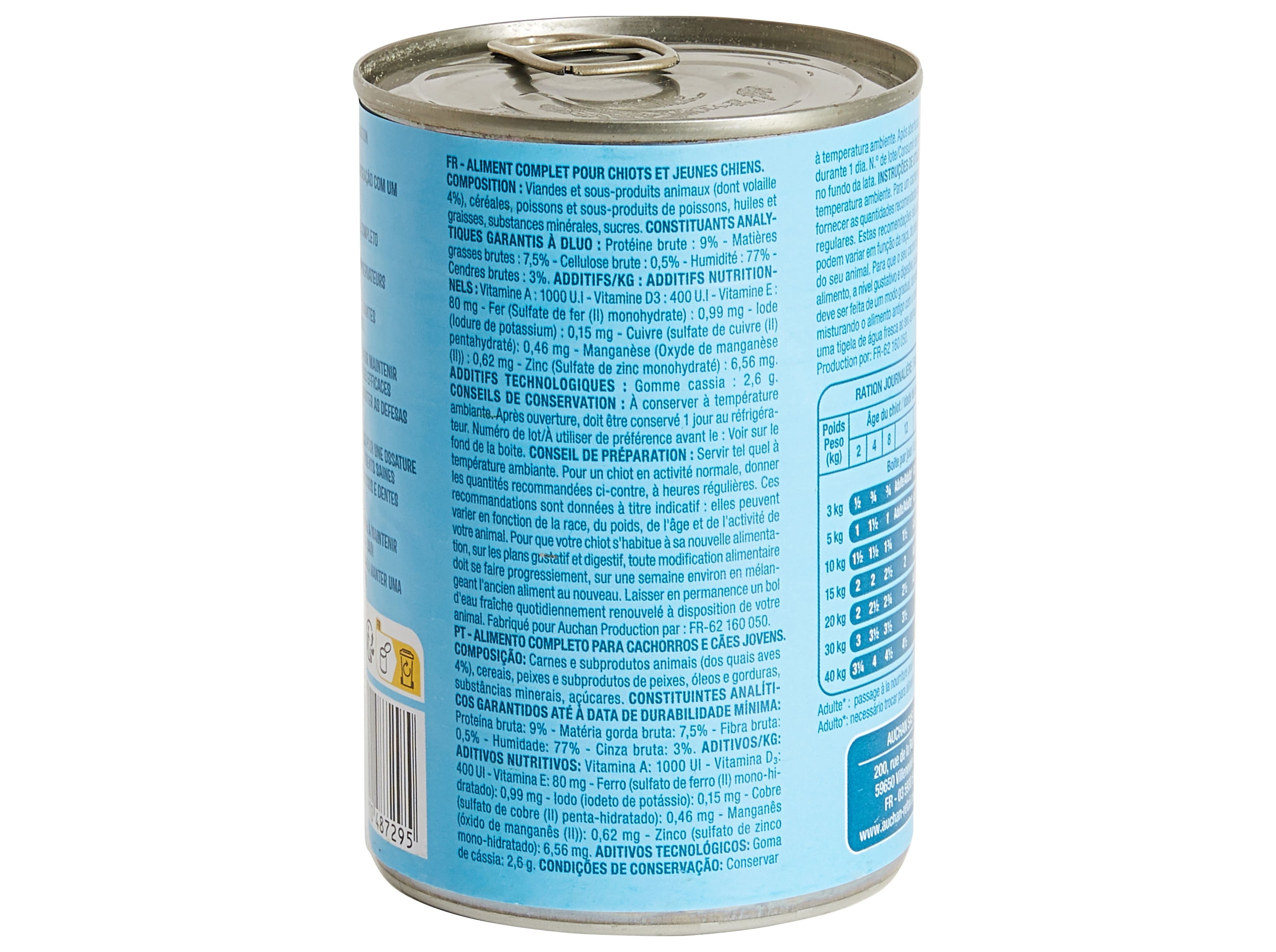 COMIDA HÚMIDA PARA CÃO AUCHAN JÚNIOR TERRINA AVES 400G