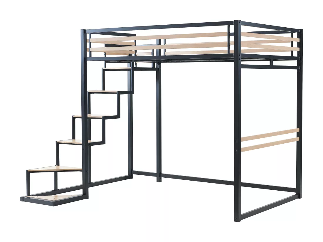 Lit mezzanine 140 x 200 cm - Métal et MDF - Noir et naturel - JOGUI
