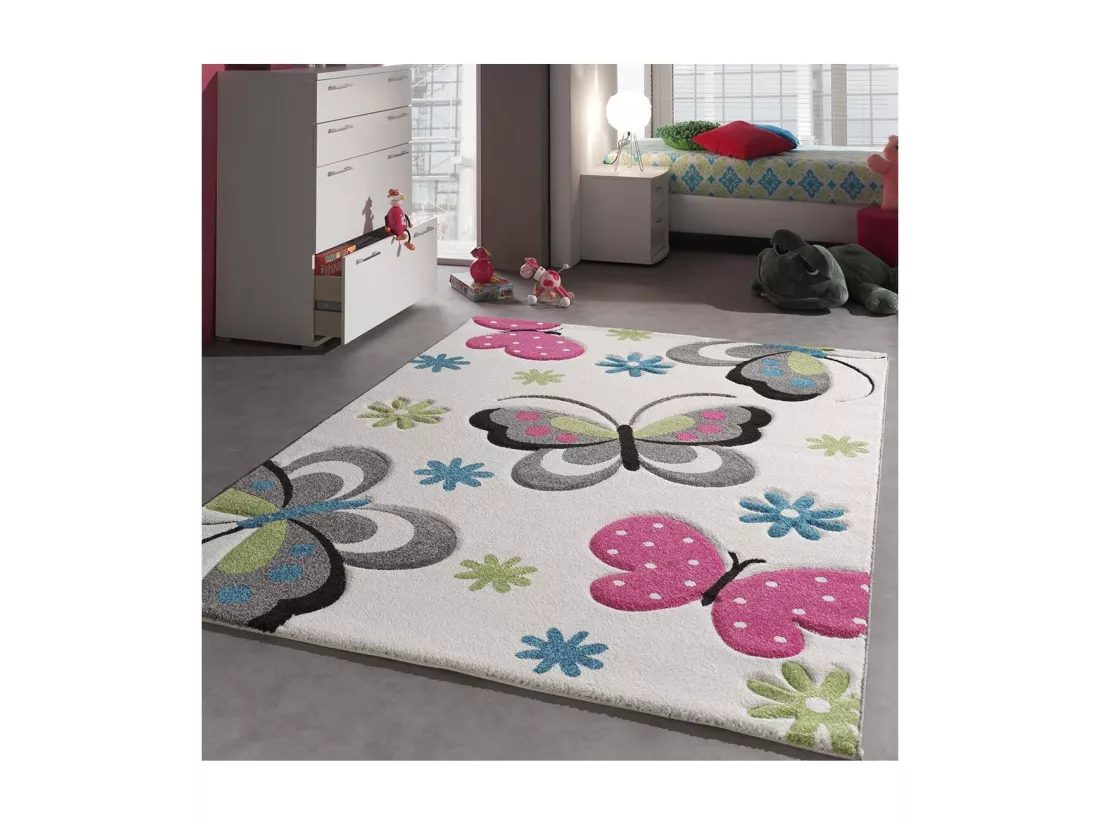 Tapis enfant 240x340 rectangle tissé crème motif animaux PAPILLONS